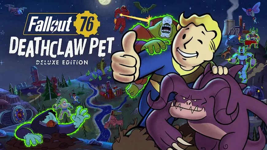 Vault Boy обнимает ручного когтя смерти — арт Fallout 76 к системе питомцев