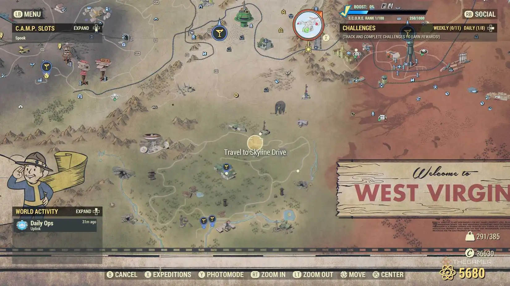 Карта Fallout 76 с меткой перехода в регион Skyline Valley