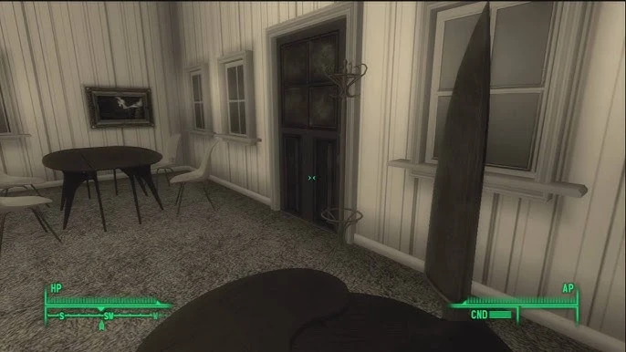 Транквиллити-Лейн в Fallout 3: нож Малыша-убийцы в руке Одинокого Странника